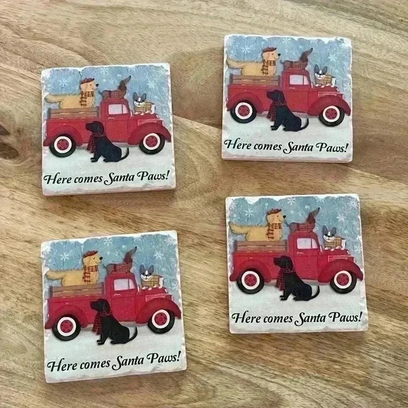 Christmas Tree Shoppe - Stone Holiday Coasters - Here Come Santa Paws - Set of 4 - Picture 1 of 2